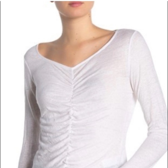 FRAME Ruched Linen V-neck Long Sleeve Shirt - Picture 2 of 9